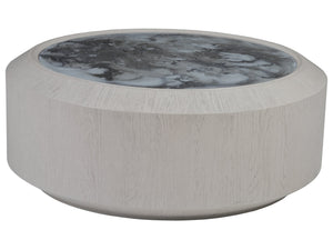 Lexington Artistica Home Metaphor Round Cocktail Table - Contemporary Chamfered Drum Design With Unique Églomisé Glass Top Light Gray Wood 2208-943c