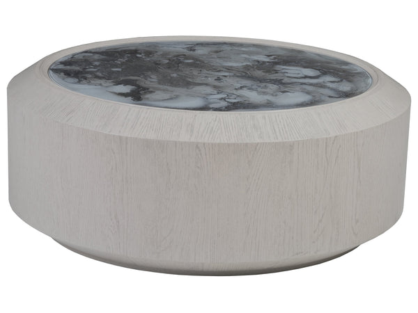 Lexington Artistica Home Metaphor Round Cocktail Table - Contemporary Chamfered Drum Design With Unique Églomisé Glass Top Light Gray Wood 2208-943c
