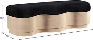 Meridian Furniture Savoy Art Deco Wave Bench Plush Black Velour Fur Upholstery Natural Wood Base 22080Black