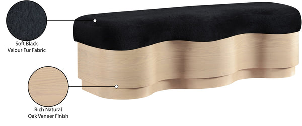 Meridian Furniture Savoy Art Deco Wave Bench Plush Black Velour Fur Upholstery Natural Wood Base 22080Black