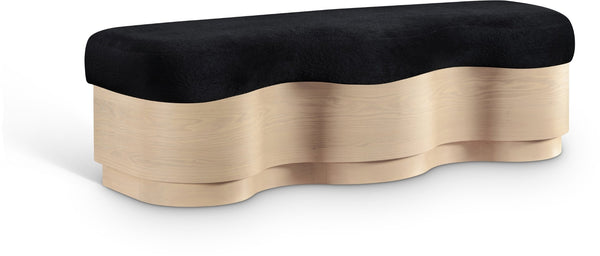 Meridian Furniture Savoy Art Deco Wave Bench Plush Black Velour Fur Upholstery Natural Wood Base 22080Black