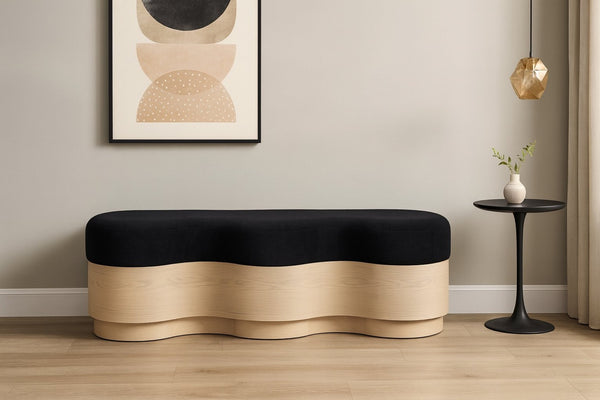Meridian Furniture Savoy Art Deco Wave Bench Plush Black Velour Fur Upholstery Natural Wood Base 22080Black