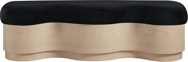 Meridian Furniture Savoy Art Deco Wave Bench Plush Black Velour Fur Upholstery Natural Wood Base 22080Black