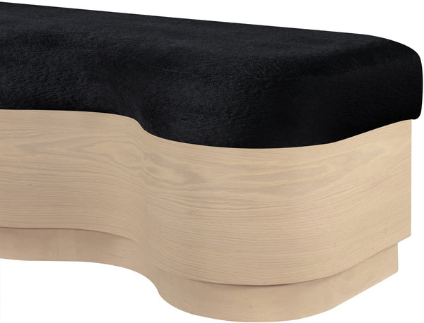 Meridian Furniture Savoy Art Deco Wave Bench Plush Black Velour Fur Upholstery Natural Wood Base 22080Black