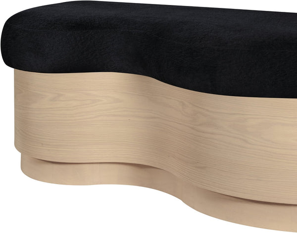 Meridian Furniture Savoy Art Deco Wave Bench Plush Black Velour Fur Upholstery Natural Wood Base 22080Black