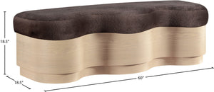 Meridian Furniture Savoy Art Deco Wave Bench in Plush Velour Fur with Sculptural Wooden Base 22080Brown