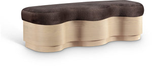 Meridian Furniture Savoy Art Deco Wave Bench in Plush Velour Fur with Sculptural Wooden Base 22080Brown