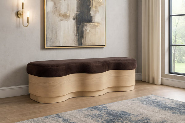 Meridian Furniture Savoy Art Deco Wave Bench in Plush Velour Fur with Sculptural Wooden Base 22080Brown