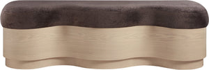 Meridian Furniture Savoy Art Deco Wave Bench in Plush Velour Fur with Sculptural Wooden Base 22080Brown