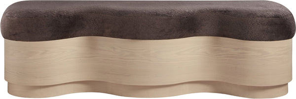 Meridian Furniture Savoy Art Deco Wave Bench in Plush Velour Fur with Sculptural Wooden Base 22080Brown