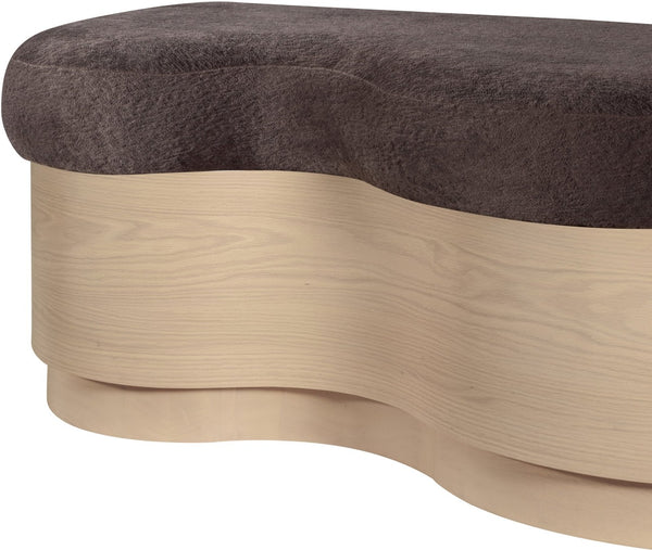 Meridian Furniture Savoy Art Deco Wave Bench in Plush Velour Fur with Sculptural Wooden Base 22080Brown