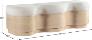 Meridian Furniture Savoy Art Deco Wave Bench Plush Velour Fur Seat with Natural Wood Base 22080Cream