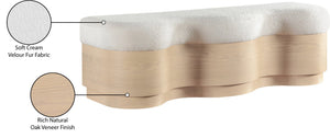 Meridian Furniture Savoy Art Deco Wave Bench Plush Velour Fur Seat with Natural Wood Base 22080Cream