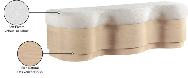 Meridian Furniture Savoy Art Deco Wave Bench Plush Velour Fur Seat with Natural Wood Base 22080Cream