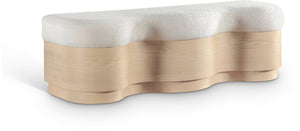 Meridian Furniture Savoy Art Deco Wave Bench Plush Velour Fur Seat with Natural Wood Base 22080Cream