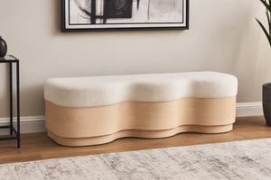 Meridian Furniture Savoy Art Deco Wave Bench Plush Velour Fur Seat with Natural Wood Base 22080Cream