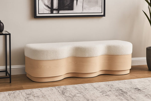 Meridian Furniture Savoy Art Deco Wave Bench Plush Velour Fur Seat with Natural Wood Base 22080Cream