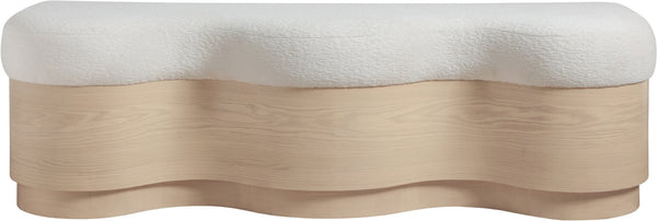 Meridian Furniture Savoy Art Deco Wave Bench Plush Velour Fur Seat with Natural Wood Base 22080Cream