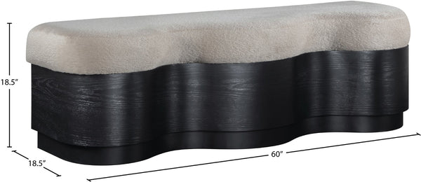 Meridian Furniture Savoy Art Deco Upholstered Bench with Plush Velour Seat and Sculptural Wave Form 22081Beige