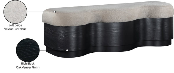 Meridian Furniture Savoy Art Deco Upholstered Bench with Plush Velour Seat and Sculptural Wave Form 22081Beige