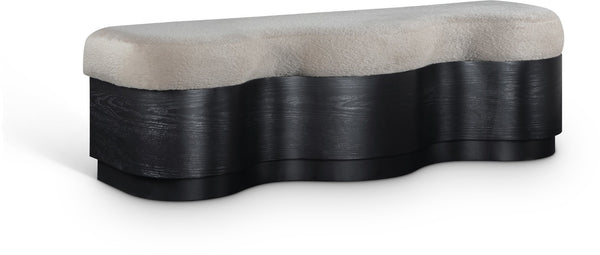 Meridian Furniture Savoy Art Deco Upholstered Bench with Plush Velour Seat and Sculptural Wave Form 22081Beige