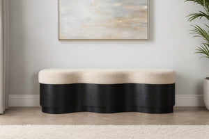 Meridian Furniture Savoy Art Deco Upholstered Bench with Plush Velour Seat and Sculptural Wave Form 22081Beige