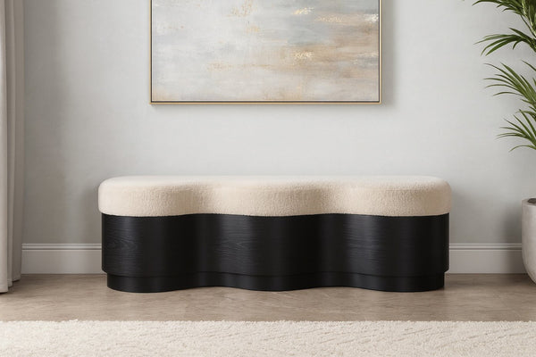 Meridian Furniture Savoy Art Deco Upholstered Bench with Plush Velour Seat and Sculptural Wave Form 22081Beige