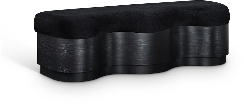 Meridian Furniture Savoy Art Deco Velour Fur Upholstered Bench with Sculptural Wood Base for Bedroom 22081Black