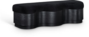 Meridian Furniture Savoy Art Deco Velour Fur Upholstered Bench with Sculptural Wood Base for Bedroom 22081Black