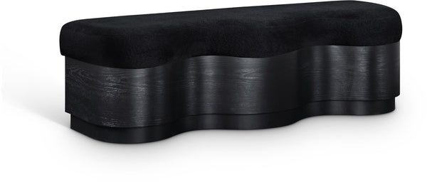 Meridian Furniture Savoy Art Deco Velour Fur Upholstered Bench with Sculptural Wood Base for Bedroom 22081Black