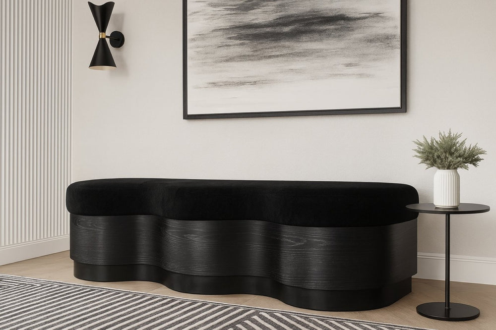 Meridian Furniture Savoy Art Deco Velour Fur Upholstered Bench with Sculptural Wood Base for Bedroom 22081Black