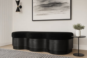 Meridian Furniture Savoy Art Deco Velour Fur Upholstered Bench with Sculptural Wood Base for Bedroom 22081Black