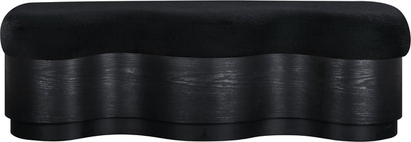 Meridian Furniture Savoy Art Deco Velour Fur Upholstered Bench with Sculptural Wood Base for Bedroom 22081Black
