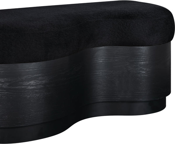 Meridian Furniture Savoy Art Deco Velour Fur Upholstered Bench with Sculptural Wood Base for Bedroom 22081Black