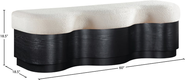 Meridian Furniture Savoy Art Deco Wave Bench Plush Velour Fur Seat with Sculptural Black Base 22081Cream