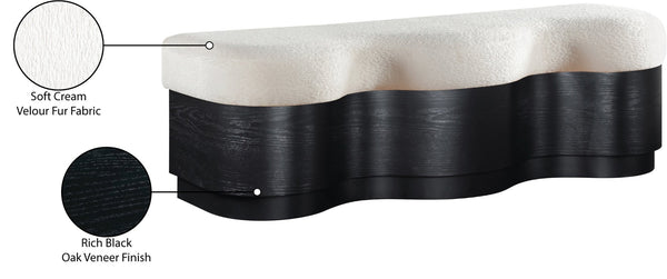 Meridian Furniture Savoy Art Deco Wave Bench Plush Velour Fur Seat with Sculptural Black Base 22081Cream
