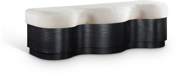 Meridian Furniture Savoy Art Deco Wave Bench Plush Velour Fur Seat with Sculptural Black Base 22081Cream