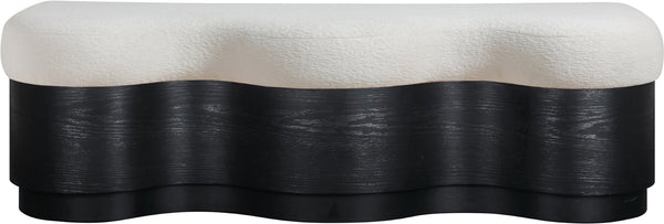 Meridian Furniture Savoy Art Deco Wave Bench Plush Velour Fur Seat with Sculptural Black Base 22081Cream