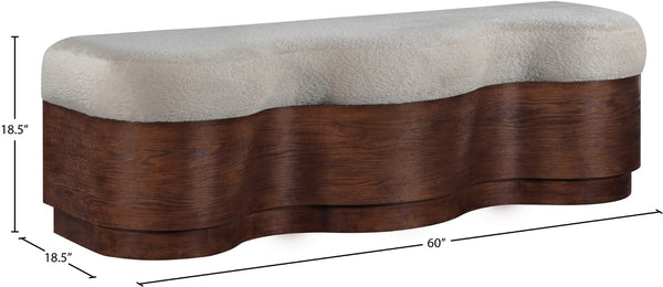 Meridian Furniture Savoy Art Deco Velour Upholstered Bench with Walnut Base for Bedroom Foyer 22082Beige