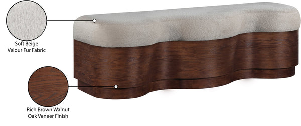 Meridian Furniture Savoy Art Deco Velour Upholstered Bench with Walnut Base for Bedroom Foyer 22082Beige