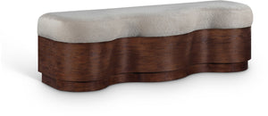 Meridian Furniture Savoy Art Deco Velour Upholstered Bench with Walnut Base for Bedroom Foyer 22082Beige