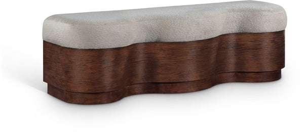 Meridian Furniture Savoy Art Deco Velour Upholstered Bench with Walnut Base for Bedroom Foyer 22082Beige