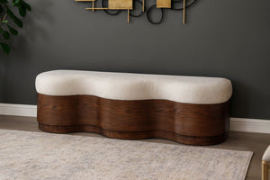 Meridian Furniture Savoy Art Deco Velour Upholstered Bench with Walnut Base for Bedroom Foyer 22082Beige