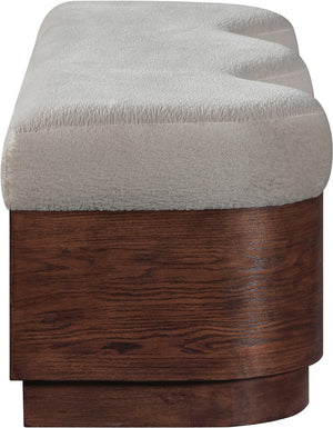 Meridian Furniture Savoy Art Deco Velour Upholstered Bench with Walnut Base for Bedroom Foyer 22082Beige