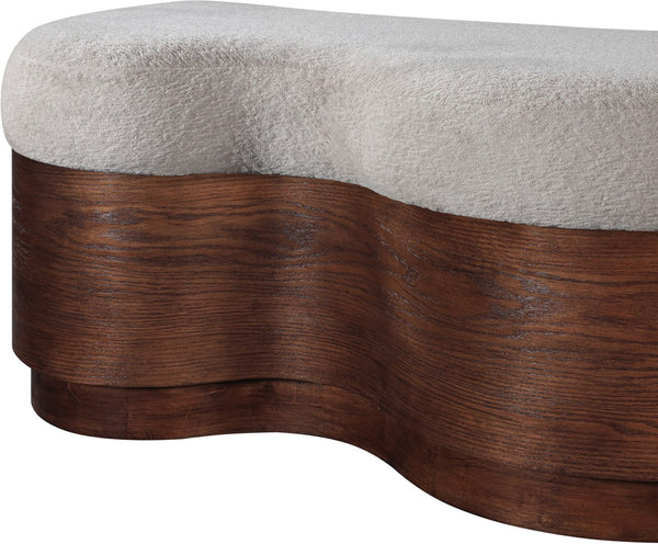 Meridian Furniture Savoy Art Deco Velour Upholstered Bench with Walnut Base for Bedroom Foyer 22082Beige