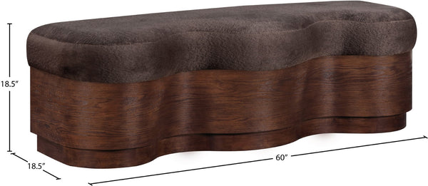 Meridian Furniture Savoy Art Deco Wave Bench with Plush Velour Upholstery and Walnut Wood Base 22082Brown