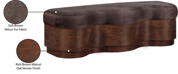 Meridian Furniture Savoy Art Deco Wave Bench with Plush Velour Upholstery and Walnut Wood Base 22082Brown