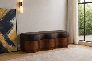 Meridian Furniture Savoy Art Deco Wave Bench with Plush Velour Upholstery and Walnut Wood Base 22082Brown