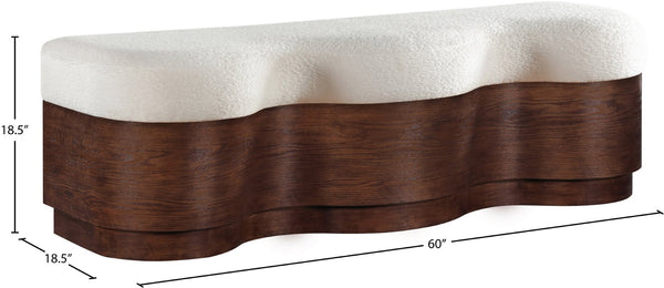 Meridian Furniture Savoy Art Deco Sculptural Bench in Plush Velour Fur with Walnut Wood Base 22082Cream
