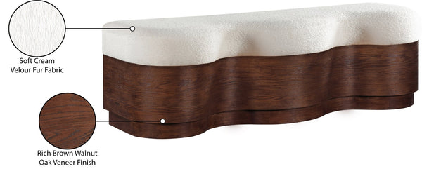 Meridian Furniture Savoy Art Deco Sculptural Bench in Plush Velour Fur with Walnut Wood Base 22082Cream